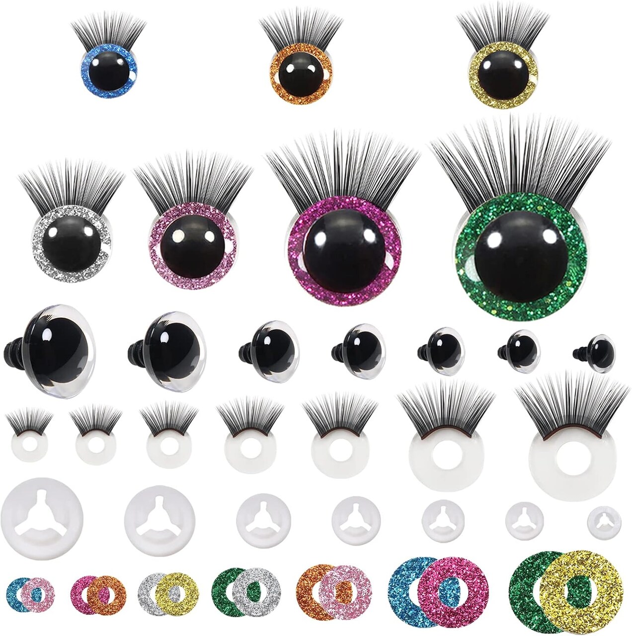 28pcs Glitter Plastic Safety Eyes with Washers & Black Eyelashes – 12mm to 30mm for Amigurumis, Dolls, Puppets, and Crafts